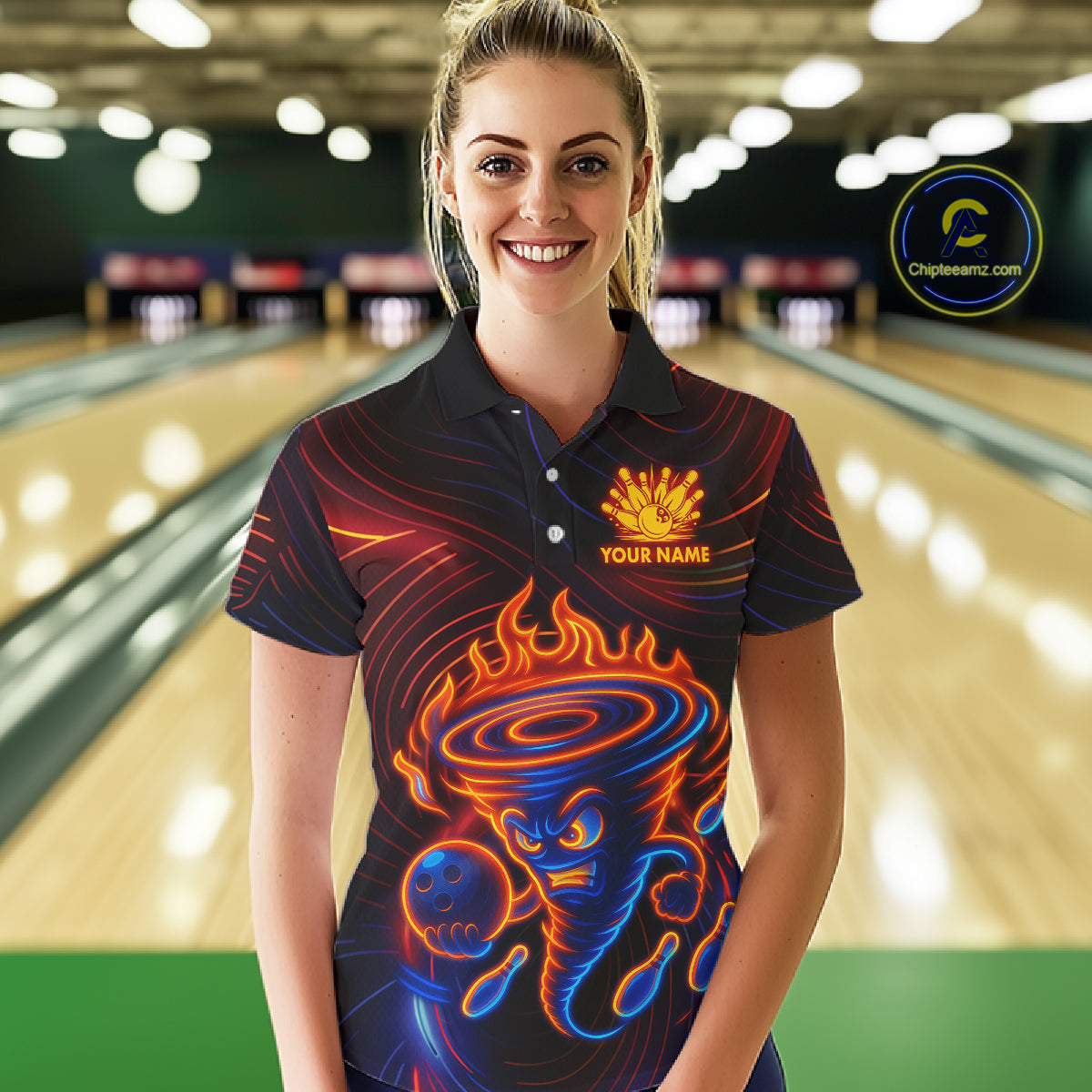 Funny Neon Tornado Flame Bowling Jersey For Women Custom Bowling Shirt Team Polo & Quarter Zip TDM5447