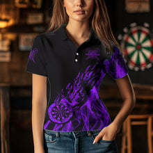 Load image into Gallery viewer, Black And Purple Fire Flame Darts Polo &amp; Quarter Zip Custom Dart Shirt For Women Dart Jerseys TDM3409