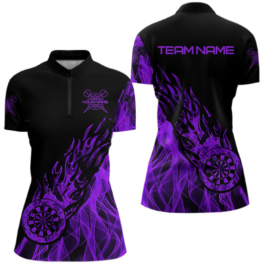 Black And Purple Dartboard Fire Flame Darts Polo, Quarter Zip Custom Dart Shirt For Women Dart Jersey TDM3409