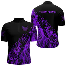 Load image into Gallery viewer, Black And Purple Dartboard Fire Flame Darts Polo, Quarter Zip Custom Dart Shirt For Men Dart Jersey TDM3409