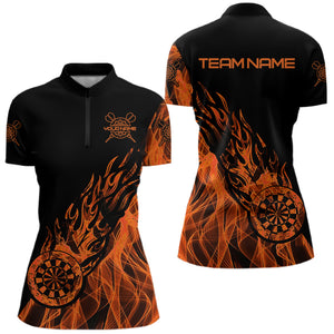 Black And Orange Fire Flame Darts Polo & Quarter Zip Custom Dart Shirt For Women Dart Jerseys TDM3410