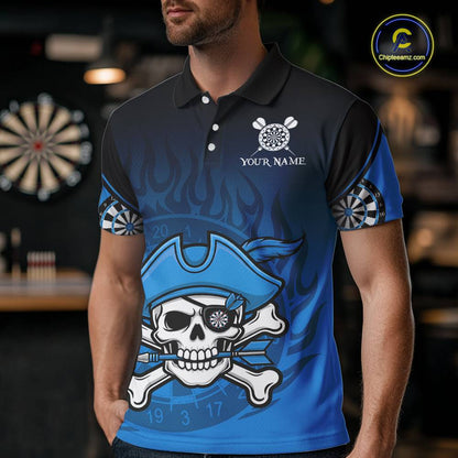 Black And Blue Funny Pirate Flame Skull Darts Shirt For Men Custom Dart Jersey Team Polo, 1/4 Zip TDM5703