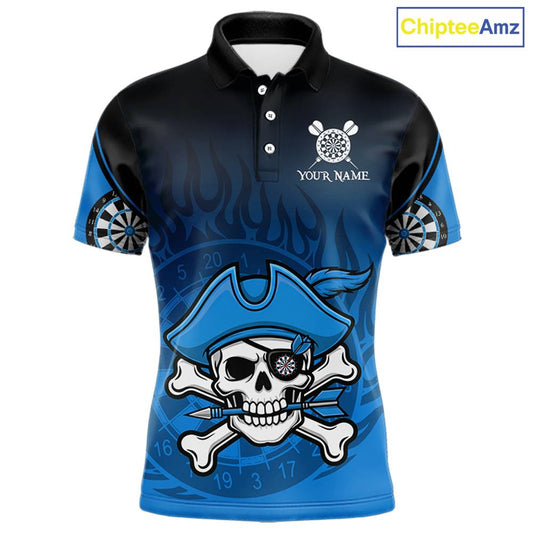 Black And Blue Funny Pirate Flame Skull Darts Shirt For Men Custom Dart Jersey Team Polo, 1/4 Zip TDM5703