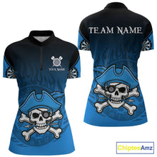 Load image into Gallery viewer, Black And Blue Funny Pirate Flame Skull Darts Shirt For Women Custom Dart Jersey Team Polo, 1/4 Zip TDM5703