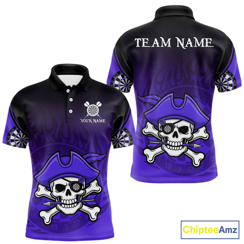 Black Purple Funny Pirate Flame Skull Darts Shirt For Men Custom Dart Jerseys Team Polo & 1/4 Zip TDM5704