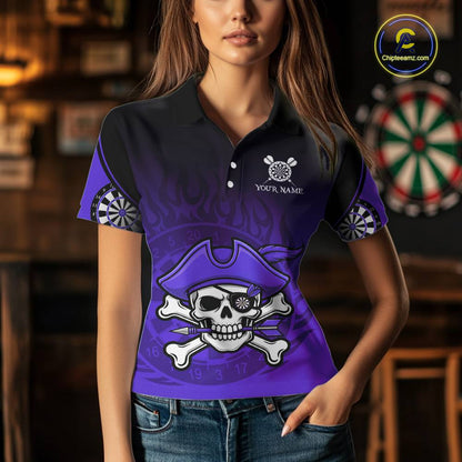 Black Purple Funny Pirate Flame Skull Darts Shirt For Women Custom Dart Jerseys Team Polo & 1/4 Zip TDM5704
