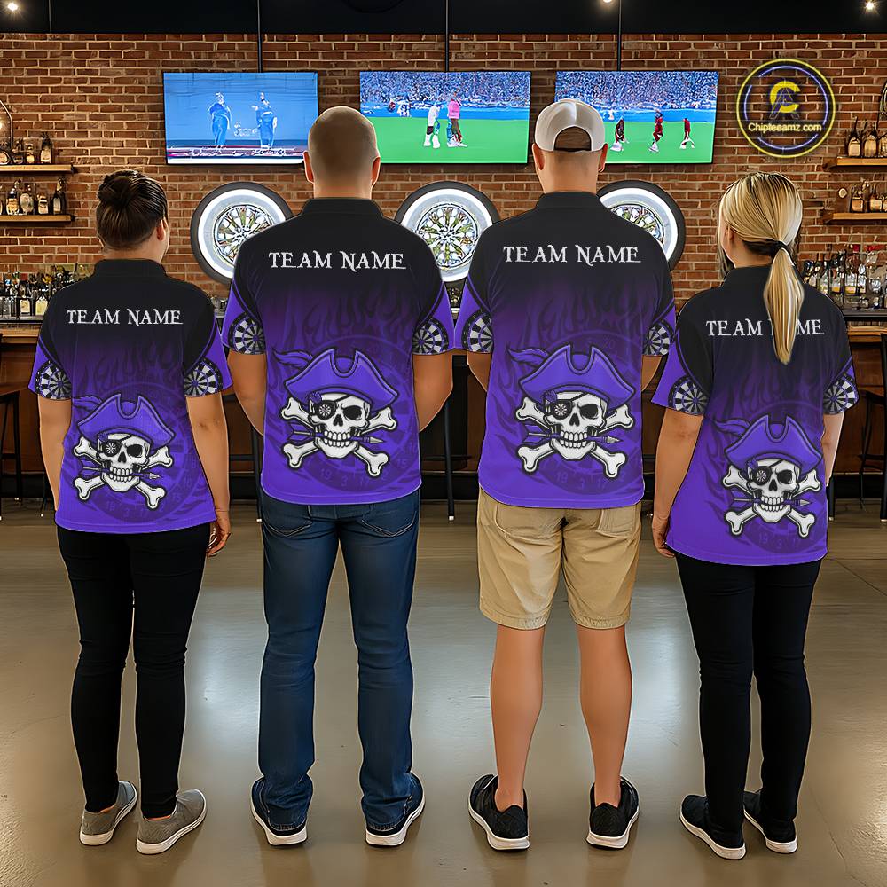 Black Purple Funny Pirate Flame Skull Darts Shirt For Men Custom Dart Jerseys Team Polo & 1/4 Zip TDM5704