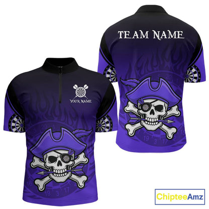 Black Purple Funny Pirate Flame Skull Darts Shirt For Men Custom Dart Jerseys Team Polo & 1/4 Zip TDM5704