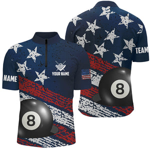 Grunge US Flag 8 Ball Pool Men Quarter-Zip Shirts Custom Patriotic Billiard Attire Jerseys TDM1223