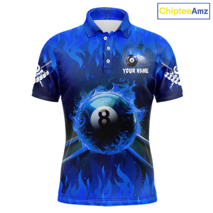 Personalized Blue 8 Ball Fire Flame Billiard Shirt For Men, Pool Team Jersey Polo & 1/4 Zip TDM1434