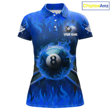 Load image into Gallery viewer, Personalized Blue 8 Ball Fire Flame Billiard Shirt For Women, Pool Team Jersey Polo &amp; 1/4 Zip TDM1434