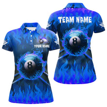 Load image into Gallery viewer, Personalized Blue 8 Ball Fire Flame Billiard Shirt For Women, Pool Team Jersey Polo &amp; 1/4 Zip TDM1434