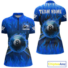 Load image into Gallery viewer, Personalized Blue 8 Ball Fire Flame Billiard Shirt For Women, Pool Team Jersey Polo &amp; 1/4 Zip TDM1434