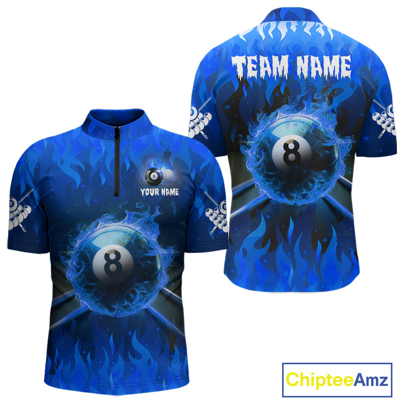 Personalized Blue 8 Ball Fire Flame Billiard Shirt For Men, Pool Team Jersey Polo & 1/4 Zip TDM1434
