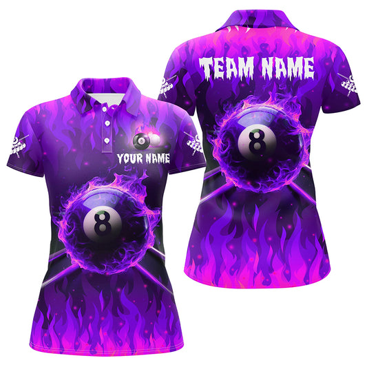 Personalized 3D 8 Ball Pool &  Fire Women Polo Shirts Custom Billiard Apparel Jerseys |Purple TDM1436