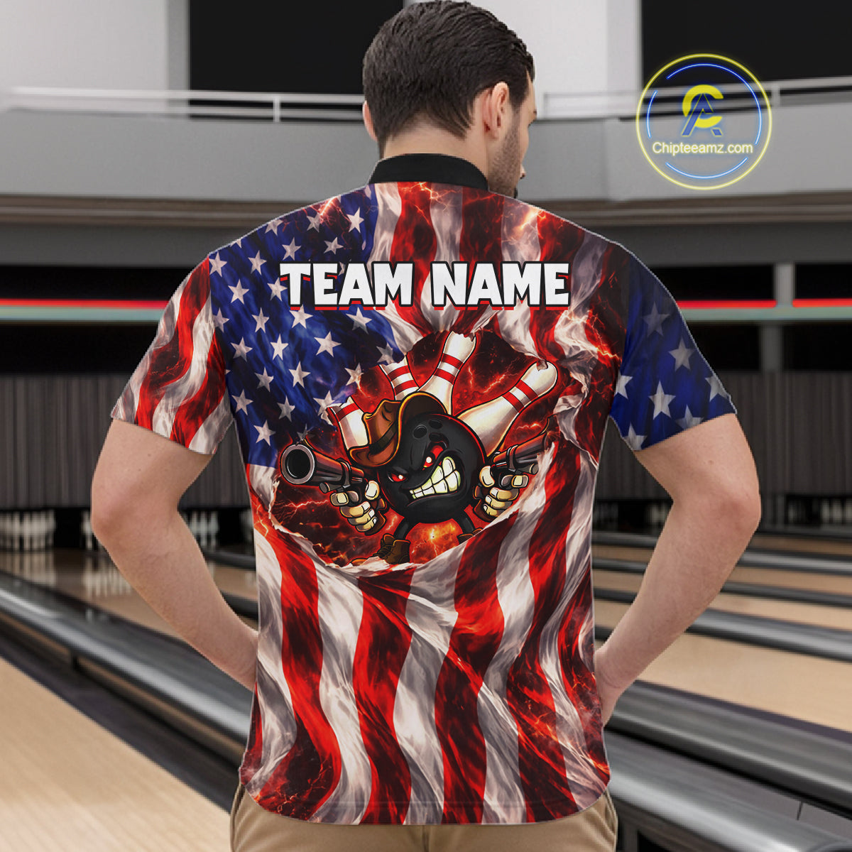 Glowing American Flag Funny Bowling Shirt For Men Custom Patriotic Bowling Jersey Polo & 1/4 Zip TDM6319