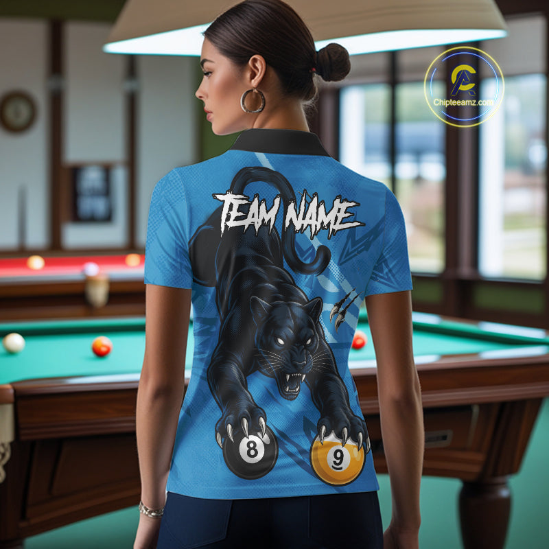 Custom Blue 8 Ball & 9 Ball Panther Billiard Shirt For Women, Billiard Team Jersey Polo & 1/4 Zip TDM6494