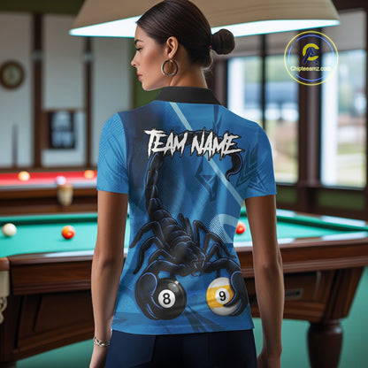 Custom Blue 8 Ball & 9 Ball Scorpion Billiard Shirt For Women, Billiard Team Jersey Polo & 1/4 Zip TDM6495