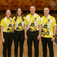 Load image into Gallery viewer, Bowling team wearing matching funny yellow banana bowling jerseys during tournament play front view.