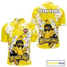 Load image into Gallery viewer, Funny yellow banana bowling quarter zip shirt for men designed for league tournaments and team events.