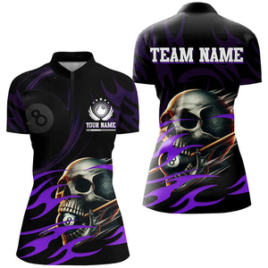 Funny Skull 8 Ball Pool Custom Women Billiard Polo & Quarter-Zip Shirt, Purple Billiard 8 Ball Jersey TDM2006