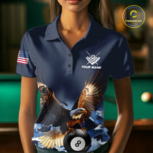 Load image into Gallery viewer, Woman wearing blue camo eagle 8 ball billiard pool team jersey polo shirt featuring blue camouflage eagle artwork, front view.