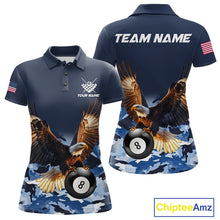 Load image into Gallery viewer, Blue camo eagle 8 ball billiard pool team jersey polo shirt for women featuring blue camouflage artwork with a detailed eagle design, premium custom billiard league apparel for tournaments and league competition.