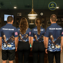 Load image into Gallery viewer, Billiard team wearing matching blue camo eagle 8 ball pool team jerseys featuring camouflage eagle graphics, back view.