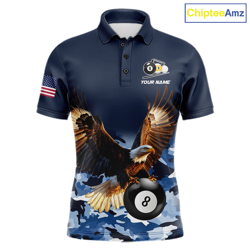 Blue camo eagle 8 ball and 9 ball pool billiard team jersey polo shirt for men featuring blue camouflage artwork with a powerful eagle, premium custom pool league apparel for tournaments and team competition.