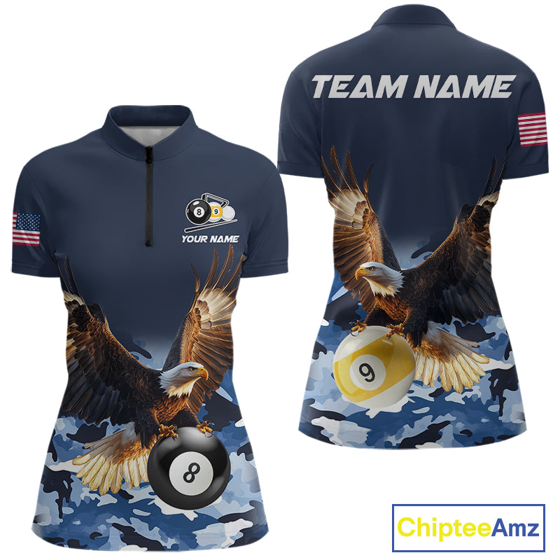Blue camo eagle 8 ball and 9 ball pool billiard team jersey quarter zip shirt for women featuring premium blue camouflage eagle graphics for competitive pool players.