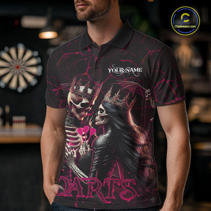 Personalized Skeleton Couple And Roses Gothic Darts Shirt For Men Custom Dart Jersey Outfit|Pink TDM7847