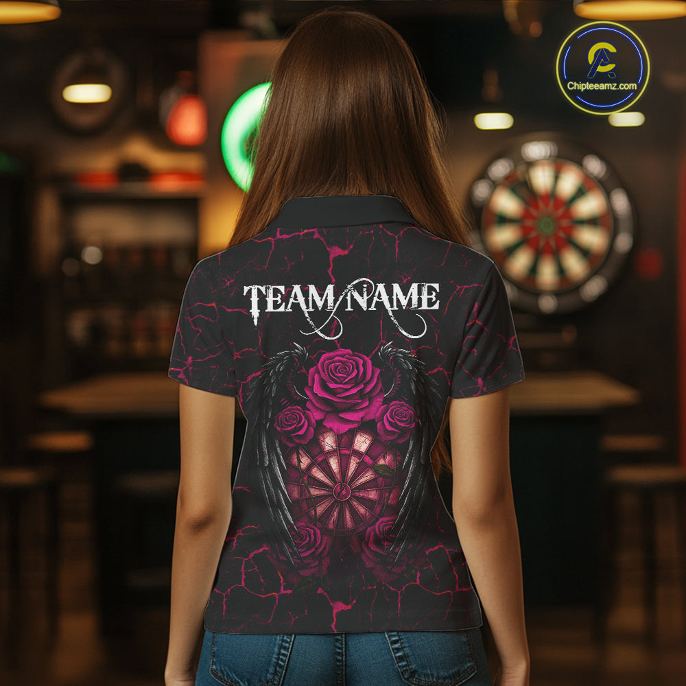 Personalized Skeleton Couple And Roses Gothic Darts Shirt For Women Custom Dart Jersey Outfit|Pink TDM7847