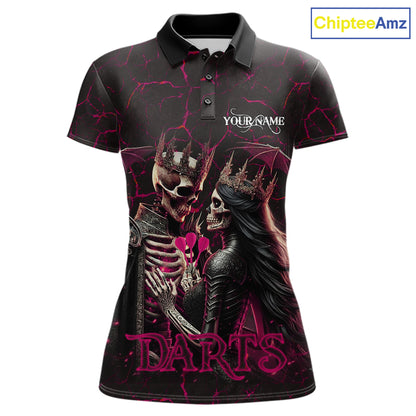 Personalized Skeleton Couple And Roses Gothic Darts Shirt For Women Custom Dart Jersey Outfit|Pink TDM7847
