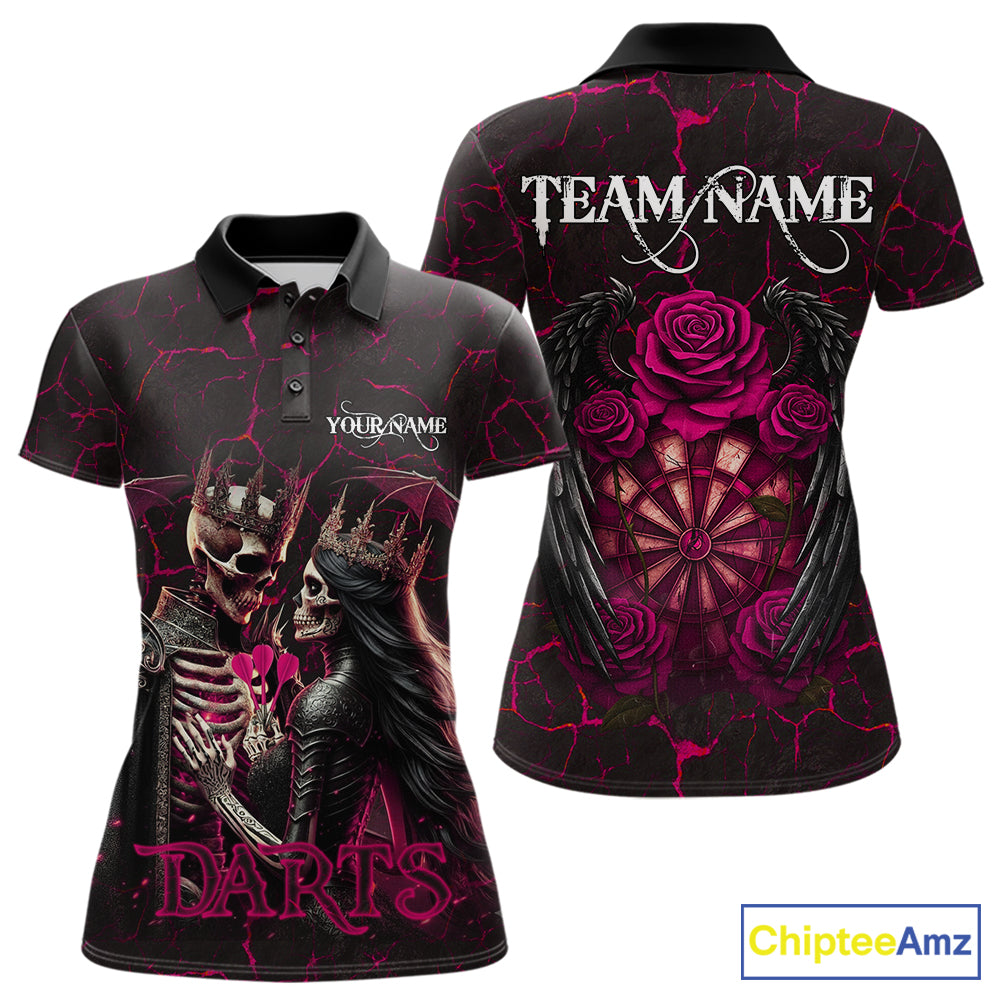 Personalized Skeleton Couple And Roses Gothic Darts Shirt For Women Custom Dart Jersey Outfit|Pink TDM7847