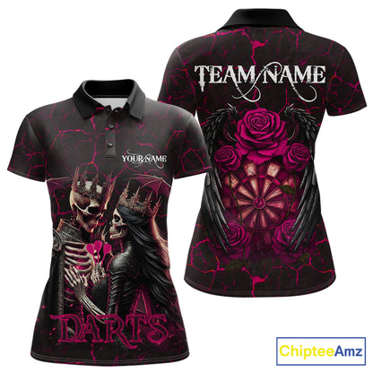 Personalized Skeleton Couple And Roses Gothic Darts Shirt For Women Custom Dart Jersey Outfit|Pink TDM7847