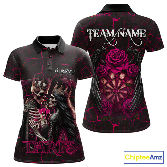Personalized Skeleton Couple And Roses Gothic Darts Shirt For Women Custom Dart Jersey Outfit|Pink TDM7847