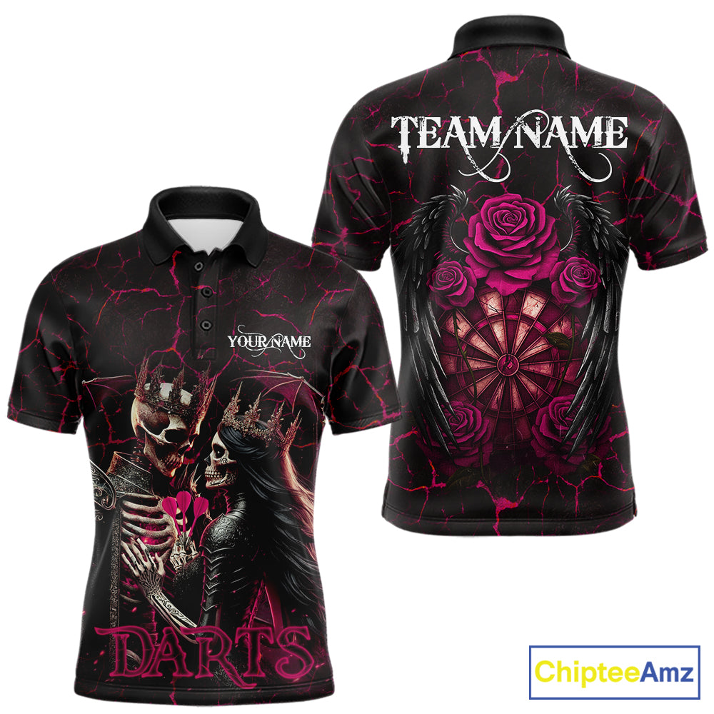 Personalized Skeleton Couple And Roses Gothic Darts Shirt For Men Custom Dart Jersey Outfit|Pink TDM7847