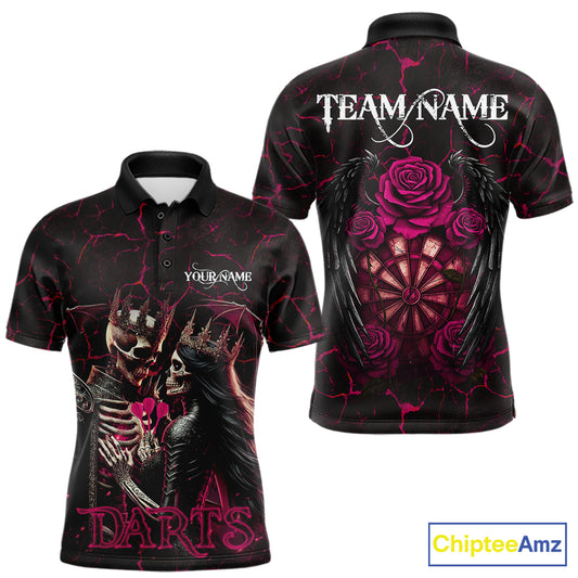 Personalized Skeleton Couple And Roses Gothic Darts Shirt For Men Custom Dart Jersey Outfit|Pink TDM7847