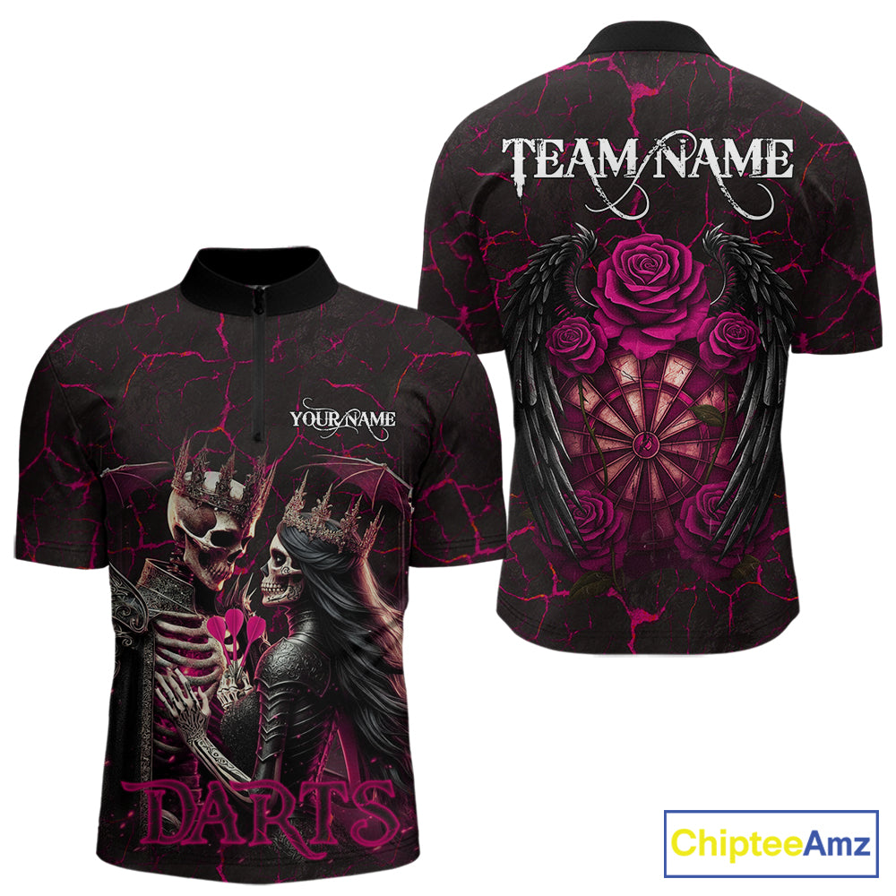Personalized Skeleton Couple And Roses Gothic Darts Shirt For Men Custom Dart Jersey Outfit|Pink TDM7847