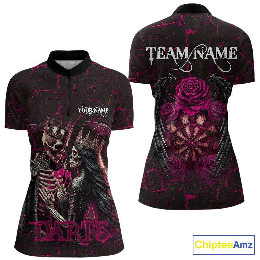 Personalized Skeleton Couple And Roses Gothic Darts Shirt For Women Custom Dart Jersey Outfit|Pink TDM7847