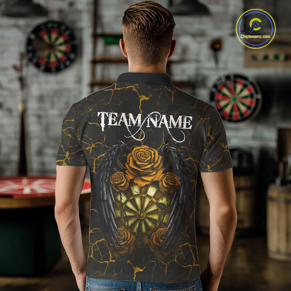 Personalized Skeleton Couple And Roses Gothic Darts Shirt For Men Custom Dart Jersey Outfit|Yellow TDM7848