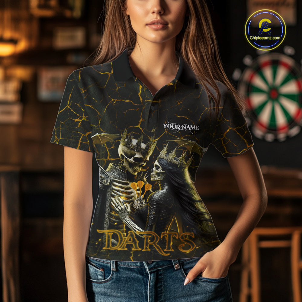 Personalized Skeleton Couple And Roses Gothic Darts Shirt For Women Custom Dart Jersey Outfit|Yellow TDM7848