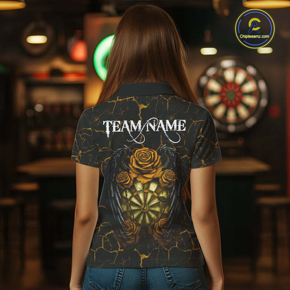 Personalized Skeleton Couple And Roses Gothic Darts Shirt For Women Custom Dart Jersey Outfit|Yellow TDM7848