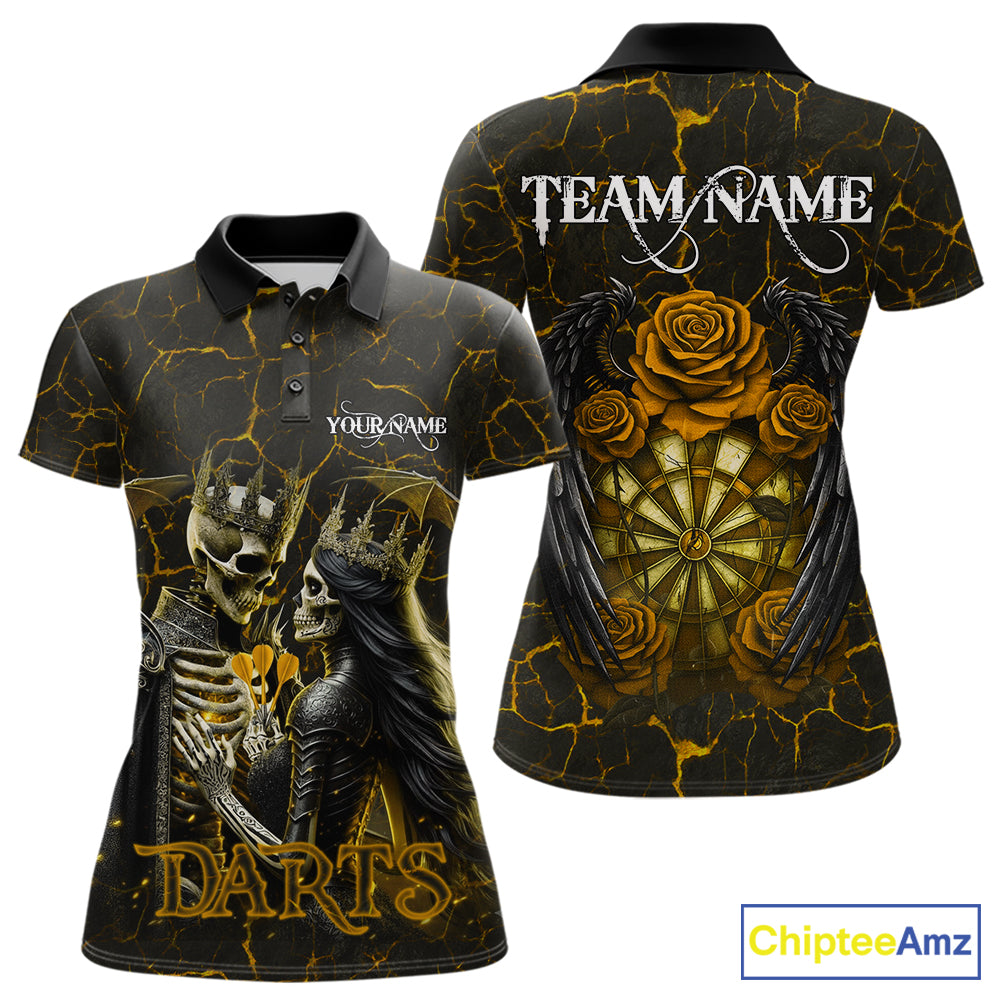 Personalized Skeleton Couple And Roses Gothic Darts Shirt For Women Custom Dart Jersey Outfit|Yellow TDM7848