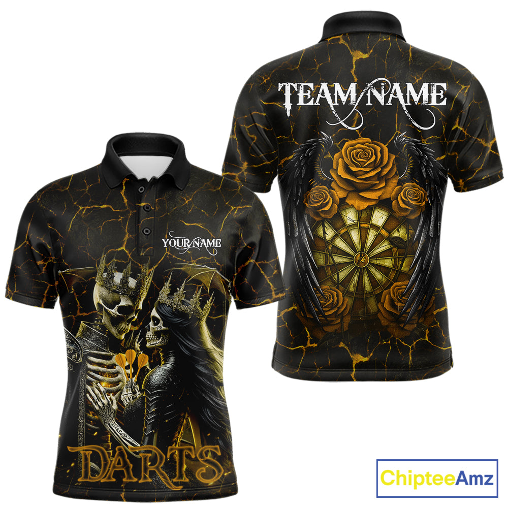 Personalized Skeleton Couple And Roses Gothic Darts Shirt For Men Custom Dart Jersey Outfit|Yellow TDM7848