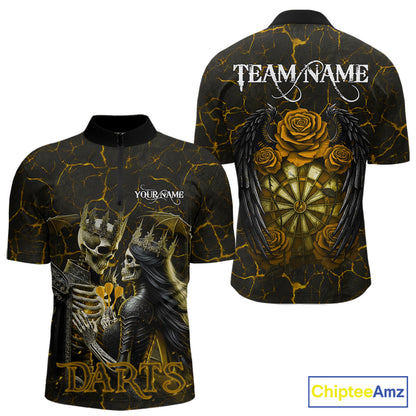 Personalized Skeleton Couple And Roses Gothic Darts Shirt For Men Custom Dart Jersey Outfit|Yellow TDM7848