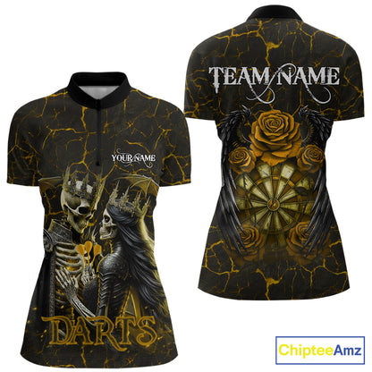Personalized Skeleton Couple And Roses Gothic Darts Shirt For Women Custom Dart Jersey Outfit|Yellow TDM7848