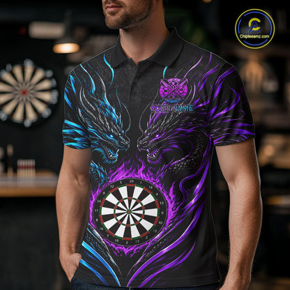 Blue And Purple Custom Dragon Fire Darts Shirts For Men, Darts League Team Jersey Polo & 1/4 Zip TDM7851