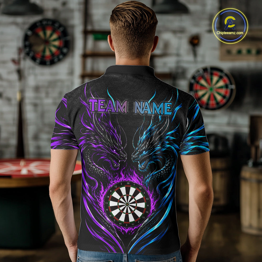 Blue And Purple Custom Dragon Fire Darts Shirts For Men, Darts League Team Jersey Polo & 1/4 Zip TDM7851
