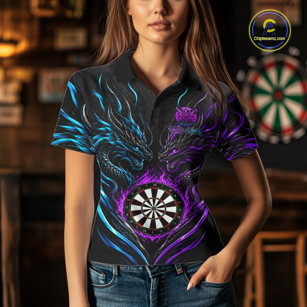 Blue And Purple Custom Dragon Fire Darts Shirts For Women, Darts League Team Jersey Polo & 1/4 Zip TDM7851